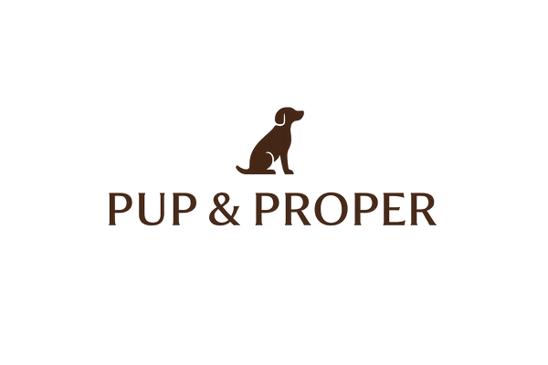 Pup & Proper minamilist logo with the colour: 4A2C1A have a littrle dog in it